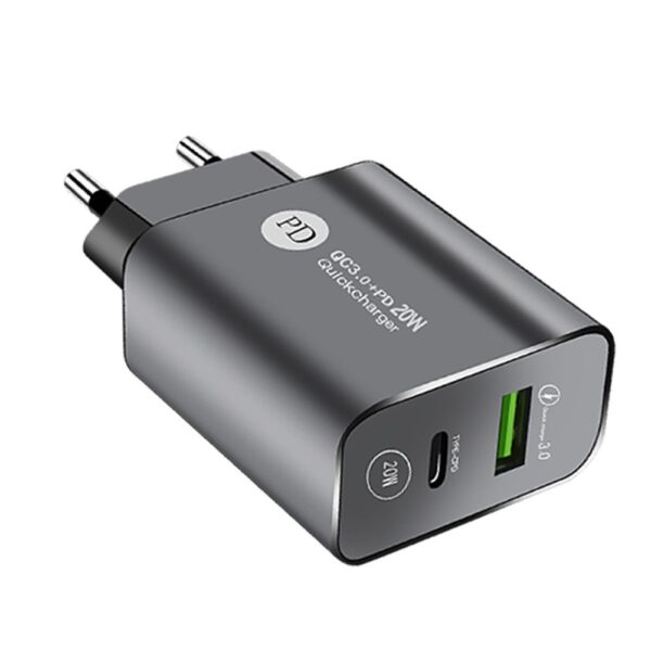 Incarcator Rapid PD QC3.0  2 Porturi USB + Type C 20W Incarcare Rapida Protectie Supraincalzire 9.5 x 5.3 x 5.8 cm Negru