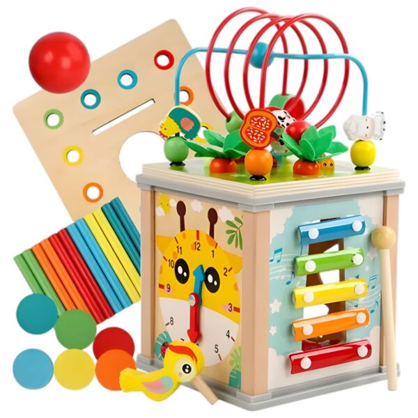 Cub Educativ Montessori din Lemn  Multifunctional Sortare Forme si Culori Activitati Educative Multicolor Jucarie Interactiva
