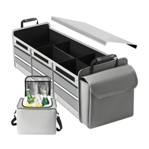 Organizator Auto pentru Portbagaj  Model Pliabil din Panza cu Geanta Termoizolanta Detasabila 3 Compartimente Curele Ajustabile 90 x 35 x 30 cm Gri