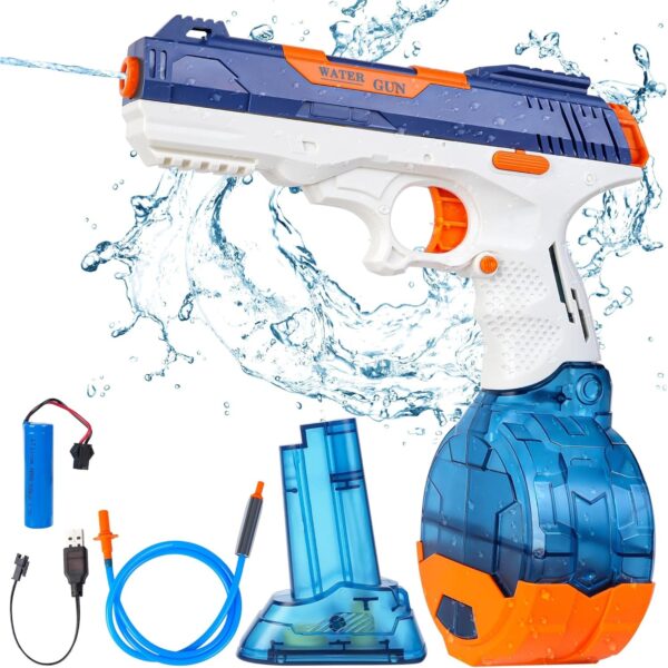 Pistol cu Apa Electric  2 Rezervoare 75/350 ml din ABS+Silicon Baterie Incarcare USB Conectare la Furtun +6 Ani Albastru