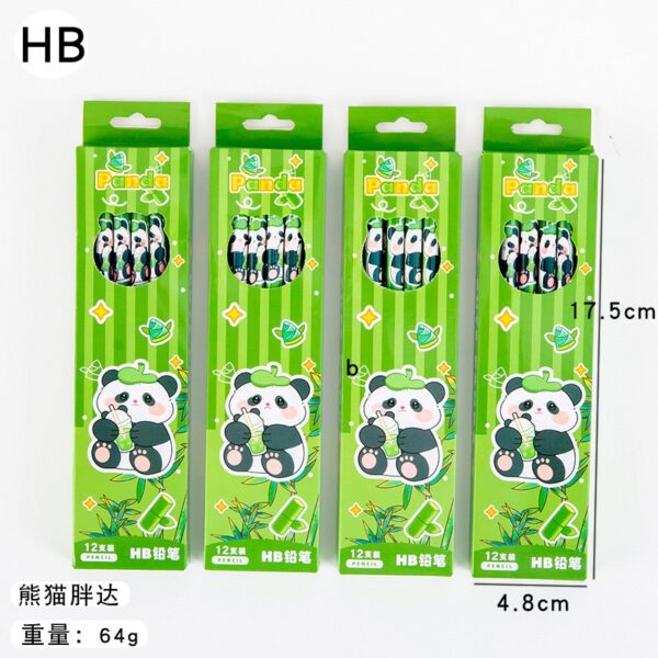Set 12 Creioane Negre  2B pentru Elevi Scoala cu Radiera Model Verde cu Panda