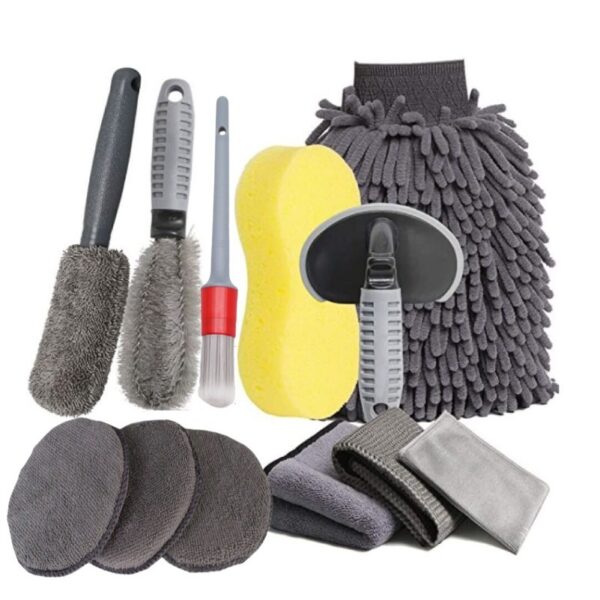 Set 12 Accesorii pentru Curatare Auto  Interior si Exterior Curatare Jante Cauciucuri Gri