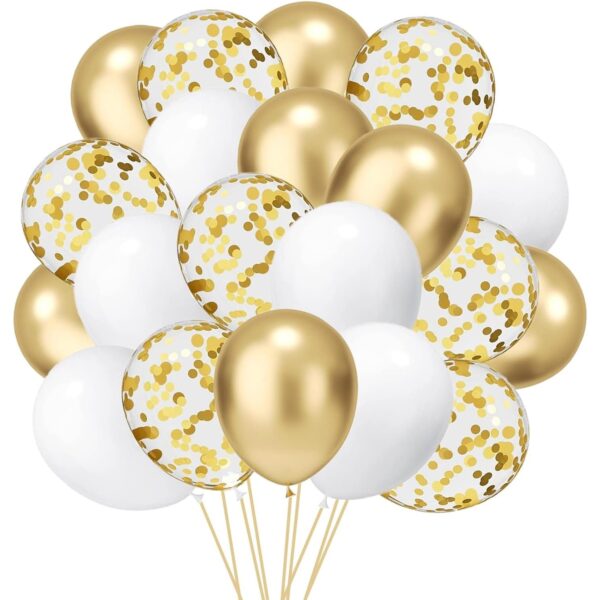 Set 16 Baloane din Latex  Model Party 30 cm Alb Auriu Transparent Confetti 2.8 g