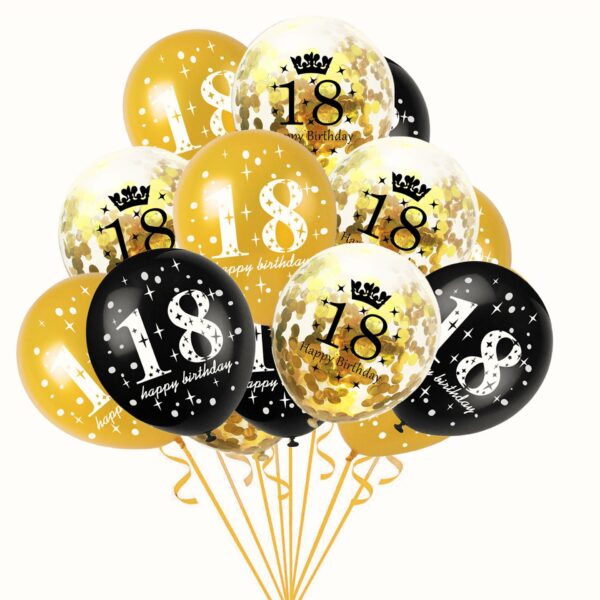 Set 18 Baloane Majorat  din Latex Metalizate Mesaj 18 Happy Birthday 30 cm cu Confetti Auriu/Negru
