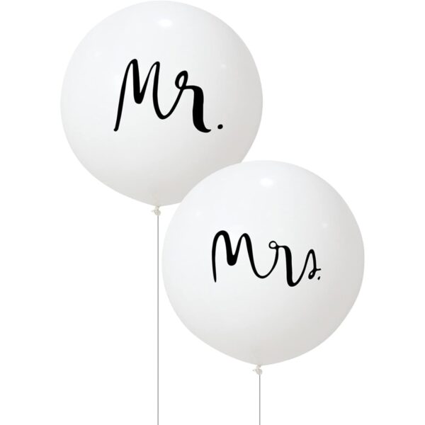 Set 2 Baloane din Latex  Tip Jumbo Model Mr si Mrs Tema Nunta 45 cm Alb