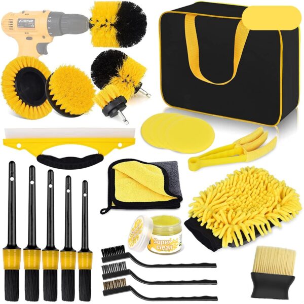 Set 23 Accesorii pentru Curatare Auto  din PP si Microfibra Interior/Exterior 30 x 24 x 12 cm Galben/Negru