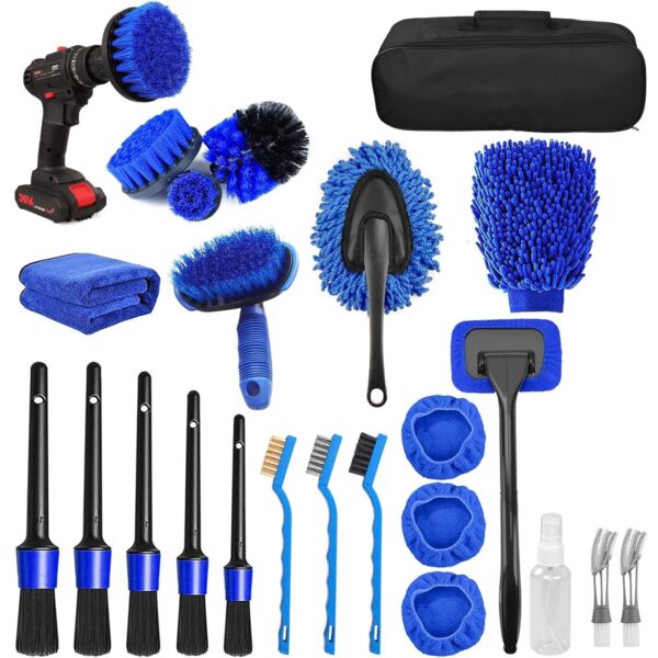 Set 25 Accesorii pentru Curatare Auto  din PP si Microfibra Interior/Exterior 30 x 24 x 12 cm Albastru/Negru