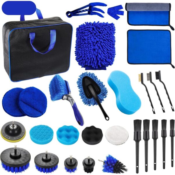 Set 29 Accesorii pentru Curatare Auto  din PP si Microfibra Interior/Exterior 30 x 24 x 12 cm Albastru/Negru