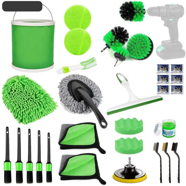 Set 30 Accesorii pentru Curatare Auto  din PP si Microfibra Interior/Exterior 30 x 24 x 12 cm Verde