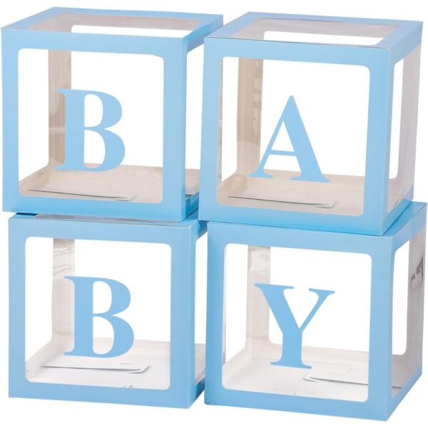 Set 4 Cutii pentru Baloane  Model Scris Baby Tematica Iubire Cuburi Decorative din Plastic Accesorii pentru Petrecere 30 x30 cm Transparente Contur Albastru