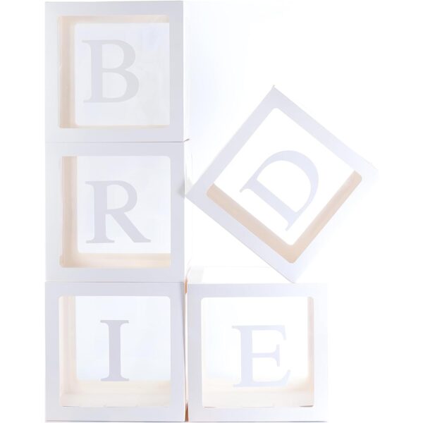 Set 5 Cutii pentru Baloane  Model Scris Bride Tematica Nunta Cuburi Decorative din Plastic Accesorii pentru Petrecere 30 x30 cm Transparente Contur Alb