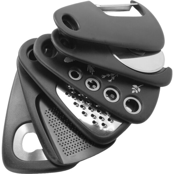 Set 6 in 1 mini ustensile bucatarie  taietor pizza cutit curatator razatoare desfacator presa usturoi manere din ABS lame ascutite din otel inoxidabil 7.1 x 12.9 x 4.8 cm  negru