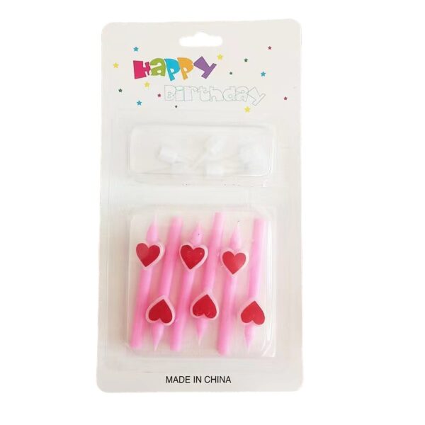 Set 6 Lumanari de Tort  Model Creion cu Inimioare 5.9 x 1.1 cm din Ceara Roz