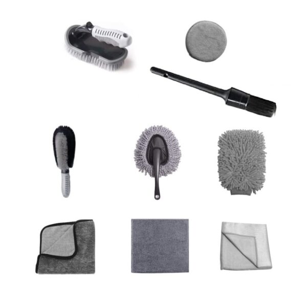 Set 9 Piese pentru Spalat Auto  din Plastic si Microfibra Perii si Lavete Model B Gri