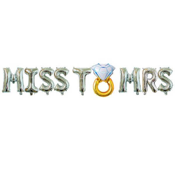 Set Baloane din Folie Metalizata  Model Miss to Mrs cu Inel de Logodna Litere de 40 cm Tema Iubire Baloane Party Ambalaj Individual Pai Inclus Umflare cu Aer sau Heliu Argintiu