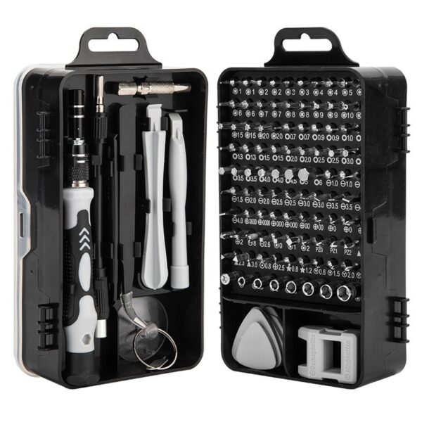 Surubelnite pentru Reparea Telefoanelor  Set 115-in-1 Cromate Demontarea Repararea Ceasurilor Electronicelor Mici Maner detalii Albe 18 x 11 x 6 cm Negru