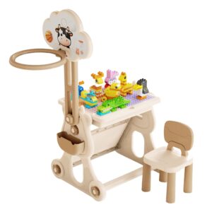 Masa Educativa pentru Copii  Multifunctionala Cos de Baschet cu Scaun Compatibila cu Piese tip LEGO Duplo 178 piese Spatiu Depozitare 3 + ani Bej