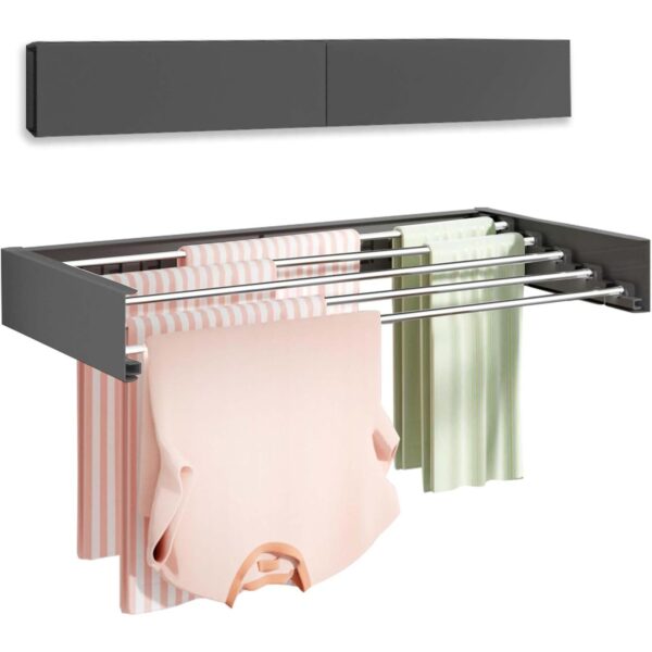 Suport Haine  Depozitare si Uscare Rufe din Aluminiu Pliabil Impermeabil Montare prin Perforare 100 cm Negru
