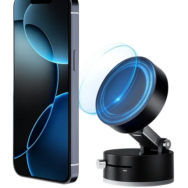 Suport Magnetic Auto pentru Telefon  cu Ventuza Pliabil și Retractabil Fixare prin Vid și Magnet Rotativ 360° Negru