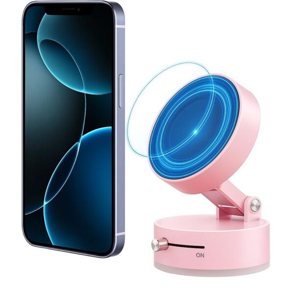 Suport Magnetic Auto pentru Telefon  cu Ventuza Pliabil și Retractabil Fixare prin Vid și Magnet Rotativ 360° Roz