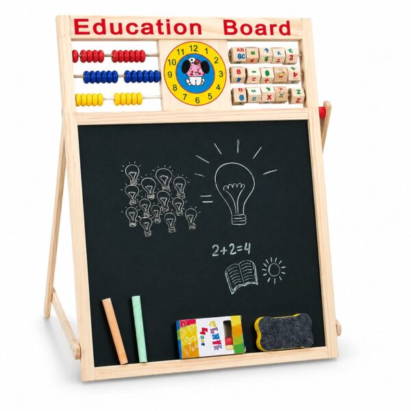 Tabla Educativa Magnetica cu Doua Fete  Cadru din Lemn Abac Ceas Litere Cifre si Semne Matematice Reglabila pe Inaltime 52x36 cm
