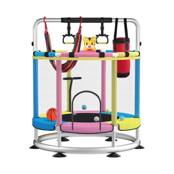 Trambulina pentru Copii  pentru Gradina si Interior cu Plasa de Siguranta si Fermoar Sustinere din Otel Galvanizat Bara de Gimnastica Reglabila Sac de Box Capacitate 200 kg 140 cm 3+ ani Multicolor