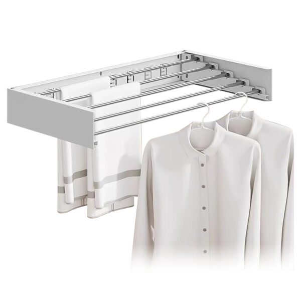 Suport Haine  Depozitare si Uscare Rufe din Aluminiu Pliabil Impermeabil Montare prin Perforare 100 cm Alb