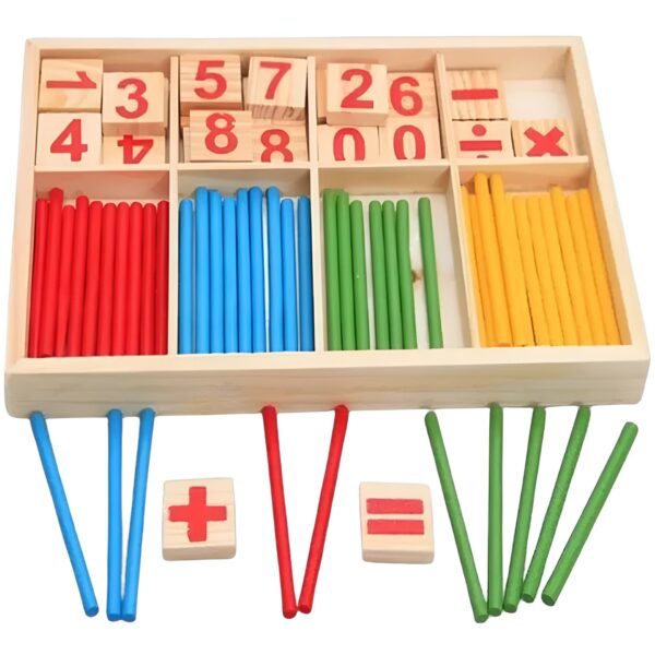 Joc Educativ Montessori  Set Educational din Lemn cu Betisoare si Cifre 74 Piese Invatare Operatii Matematice si Logica Cutie de Depozitare si Organizare 3ani + Multicolor