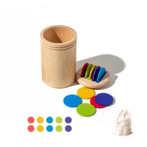 Jucarie Educativa Montessori din Lemn 13 Piese  Sortator cu Discuri Colorate Joc de Motricitate Fina pentru Copii Varsta 2+ ani Saculet Depozitare 11.3 x 7 cm Multicolor