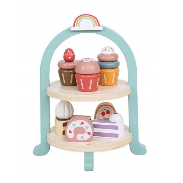 Jucarie Educativa Montessori din Lemn  Set de Joaca Interactiv Model Royal Afternoon Tea cu Etajera 2 Niveluri si Prajituri Dezvolta Motricitatea si Imaginatia 3ani+ Multicolor